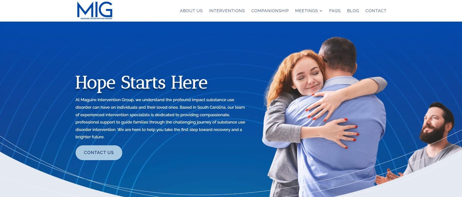 Original hero with Hope Starts Here headline and a stock photo of a couple hugging with a composited bearded man in the corner.