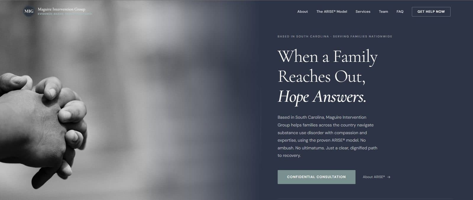 New hero reading When a Family Reaches Out, Hope Answers on a slate background with a grayscale photo of folded hands.