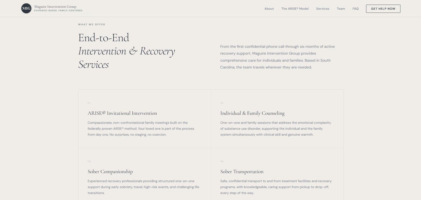 New End-to-End Intervention and Recovery Services section with four numbered cards.